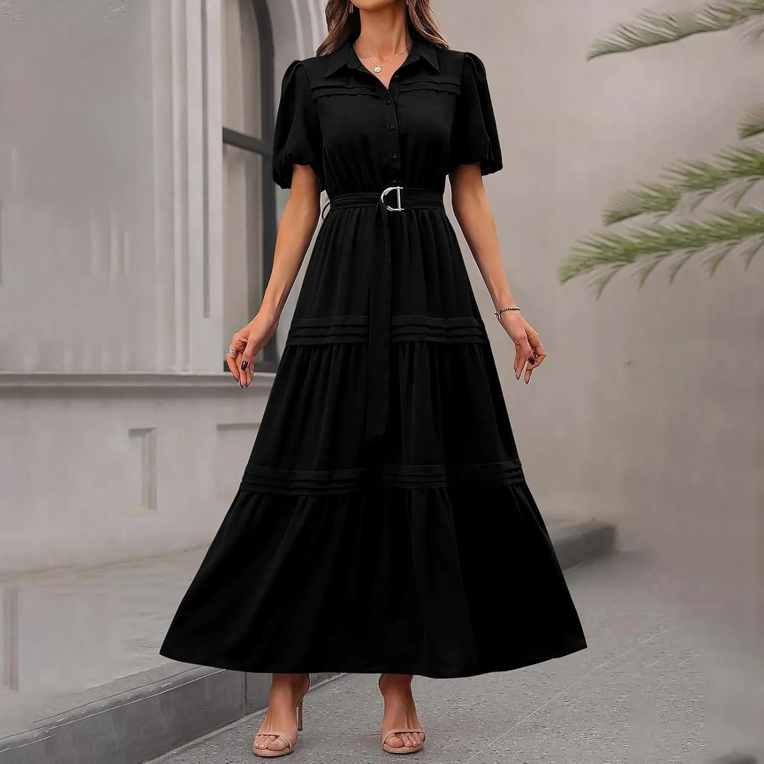 Women's Elegant Solid A-Line Pleated Midi Dress Classic 3/4 Sleeve V Neck Sheath Casual Party Work Wrap Dress