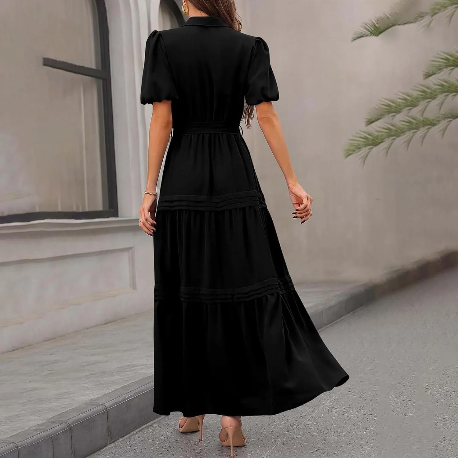 Women's Elegant Solid A-Line Pleated Midi Dress Classic 3/4 Sleeve V Neck Sheath Casual Party Work Wrap Dress