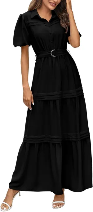 Women's Elegant Solid A-Line Pleated Midi Dress Classic 3/4 Sleeve V Neck Sheath Casual Party Work Wrap Dress