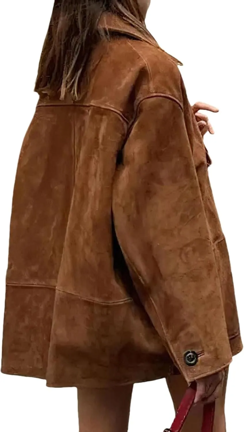 Women's Fall Boyfriend Faux Suede Leather Jacket Casual Midi Long Button Down Shackets