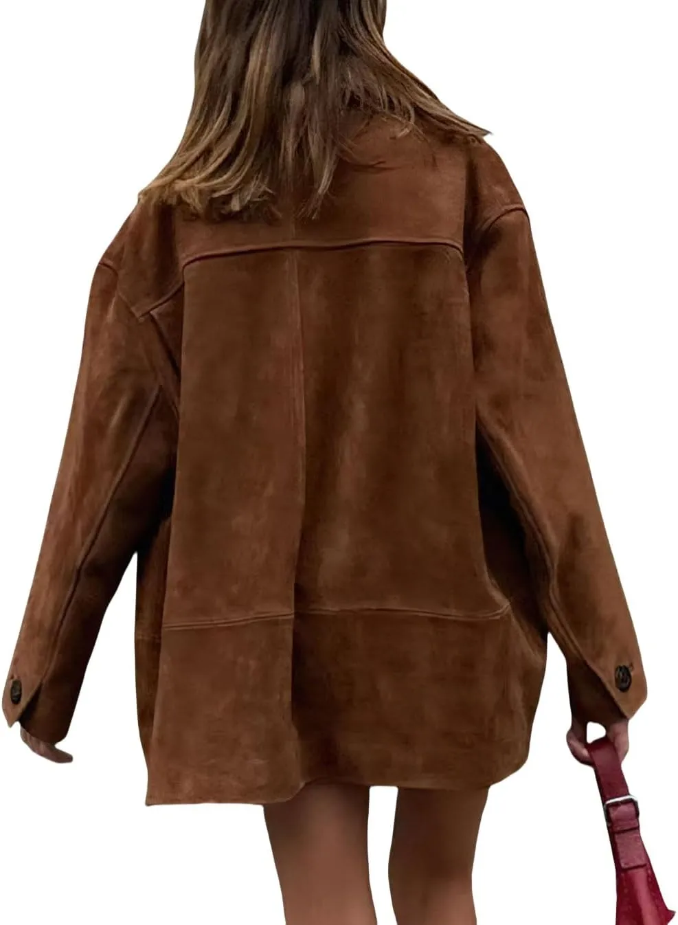 Women's Fall Boyfriend Faux Suede Leather Jacket Casual Midi Long Button Down Shackets