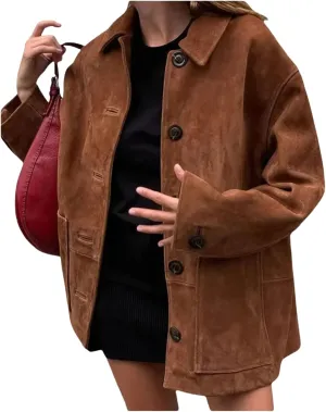 Women's Fall Boyfriend Faux Suede Leather Jacket Casual Midi Long Button Down Shackets