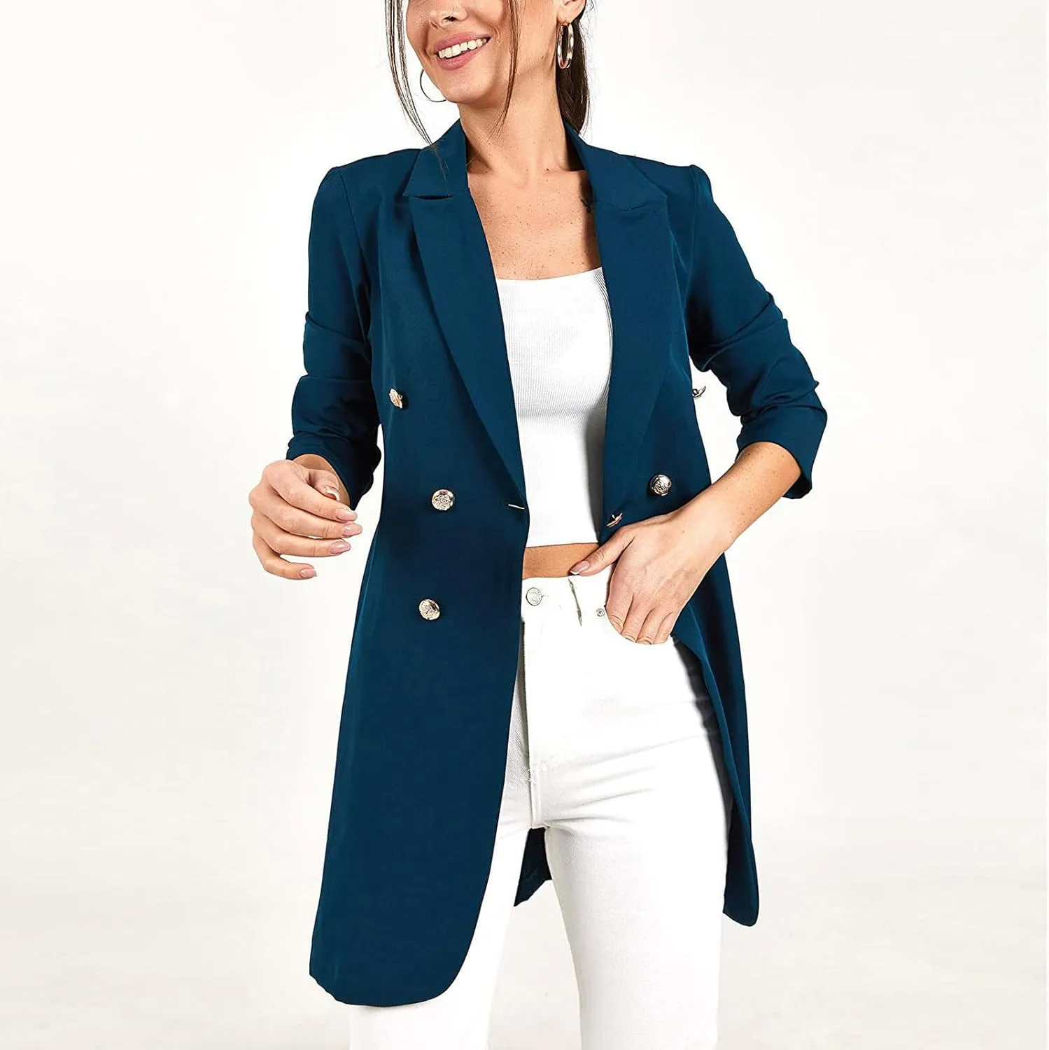 Womens Fashion Lapel Collar Long Sleeve Open Front Button Blazer Jackets Business Casual Trench Cardigan Long Suit Coat