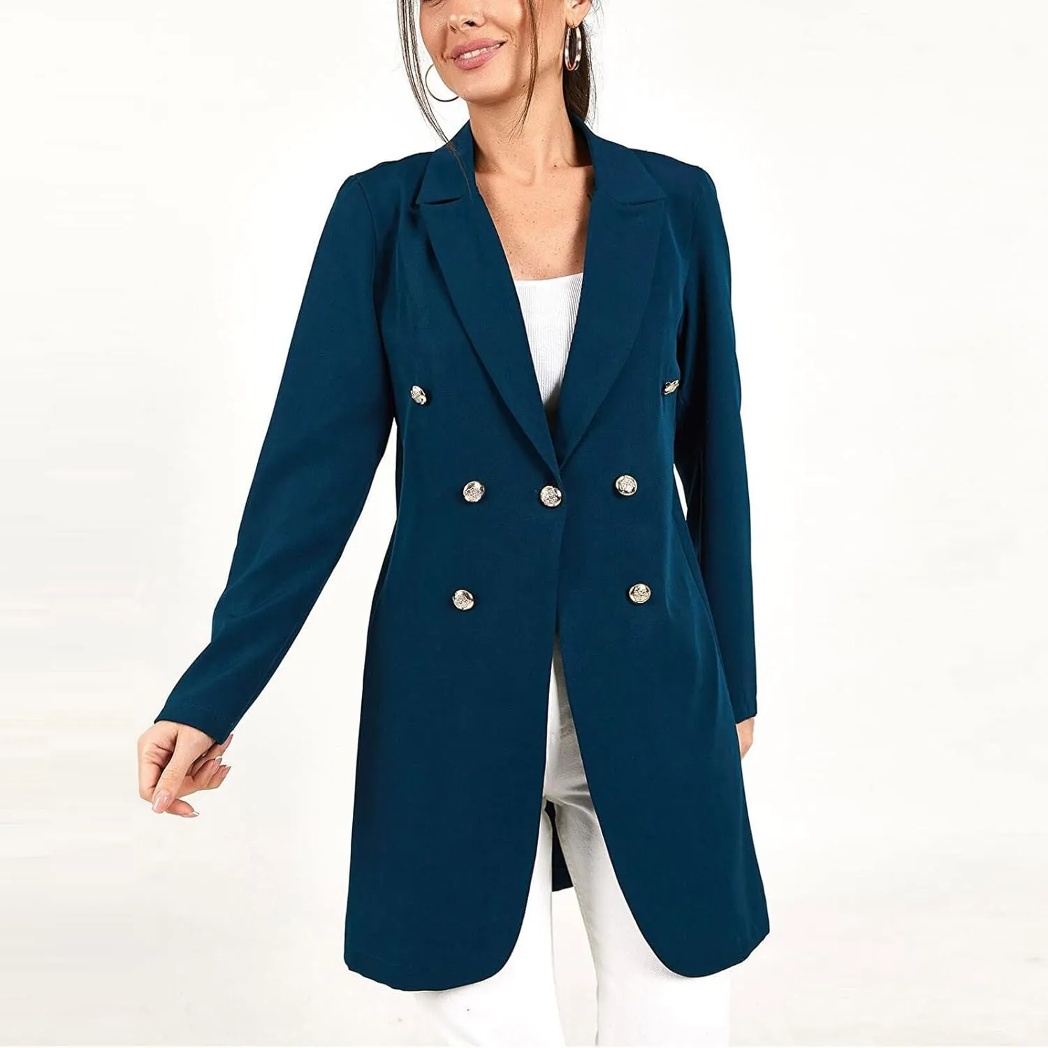 Womens Fashion Lapel Collar Long Sleeve Open Front Button Blazer Jackets Business Casual Trench Cardigan Long Suit Coat
