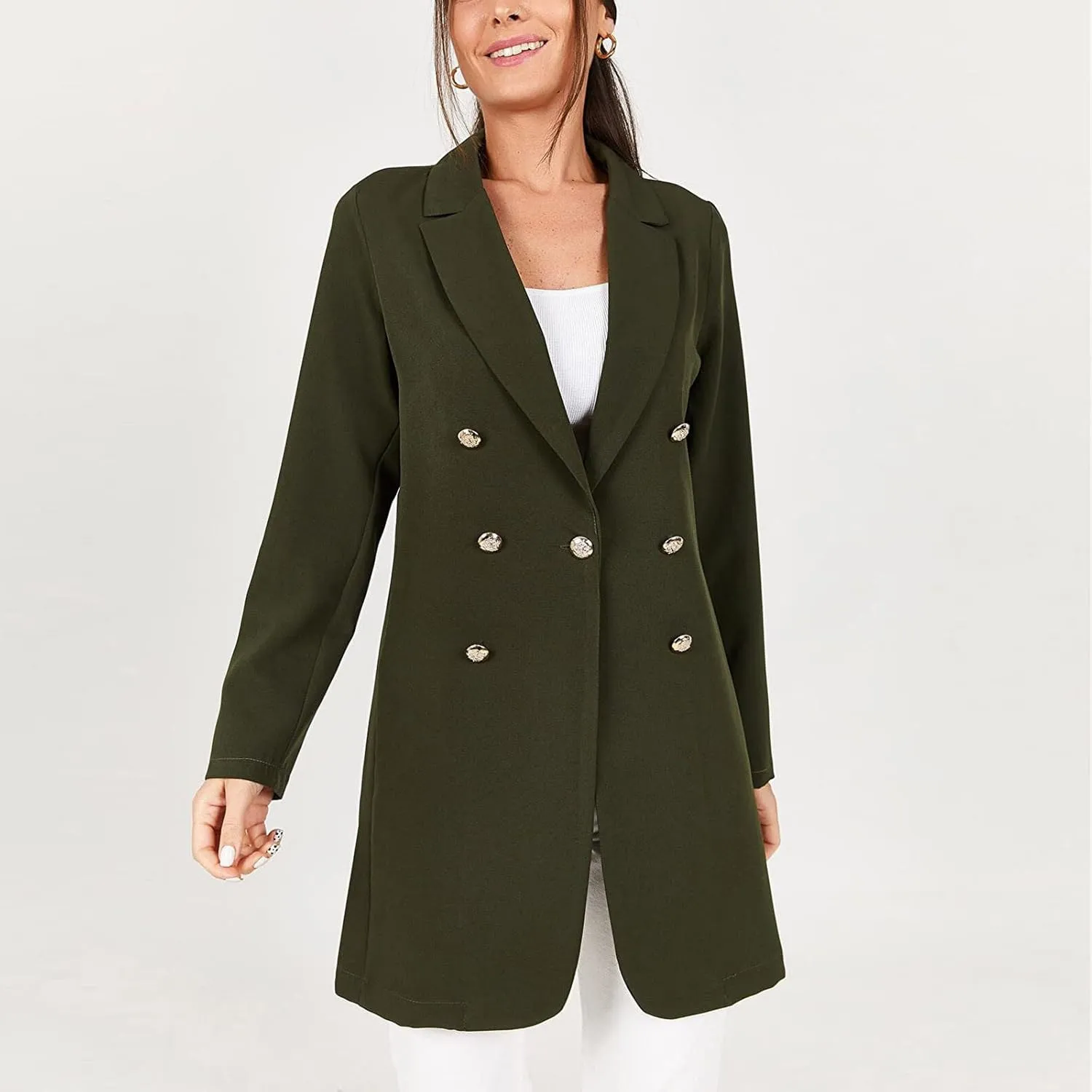 Womens Fashion Lapel Collar Long Sleeve Open Front Button Blazer Jackets Business Casual Trench Cardigan Long Suit Coat