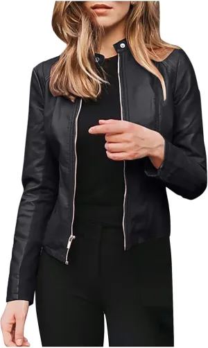 Womens Faux Leather Jacket 2024 Fashion Fall Clothes Zip Up Cropped Jackets Lightweight Motorcycle Biker Jackets