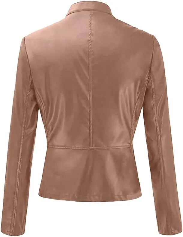 Womens Faux Leather Jacket 2024 Fashion Fall Clothes Zip Up Cropped Jackets Lightweight Motorcycle Biker Jackets