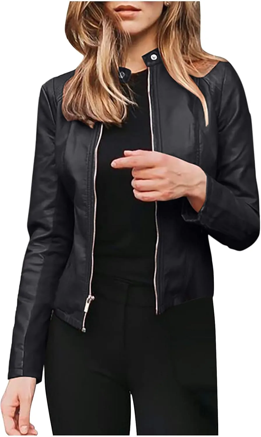 Womens Faux Leather Jacket 2024 Fashion Fall Clothes Zip Up Cropped Jackets Lightweight Motorcycle Biker Jackets