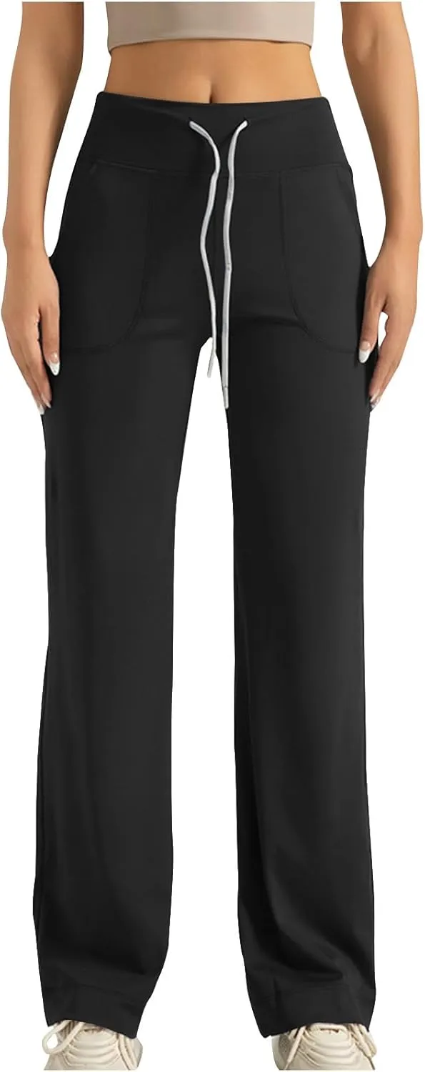 Womens Flare Leggings Stretch Drawstring Plus Size Leggings High Waist Tummy Control Bootcut Yoga Pants with Pockets