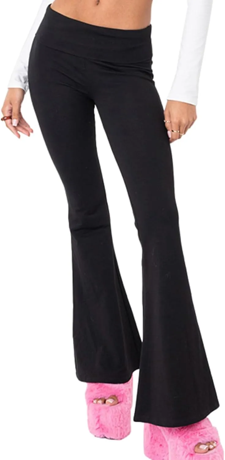 Women's Fold Over Leggings Stretch Flare Leggings Bell Bottom Slim Fit Yoga Fold Pants Joggers