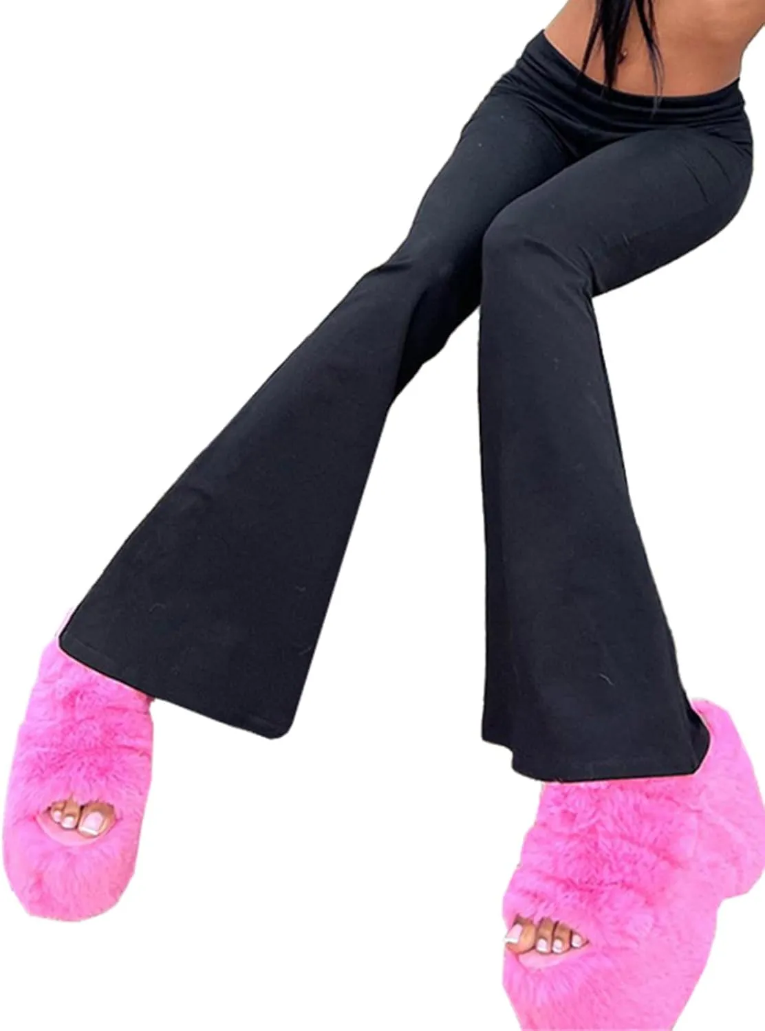 Women's Fold Over Leggings Stretch Flare Leggings Bell Bottom Slim Fit Yoga Fold Pants Joggers
