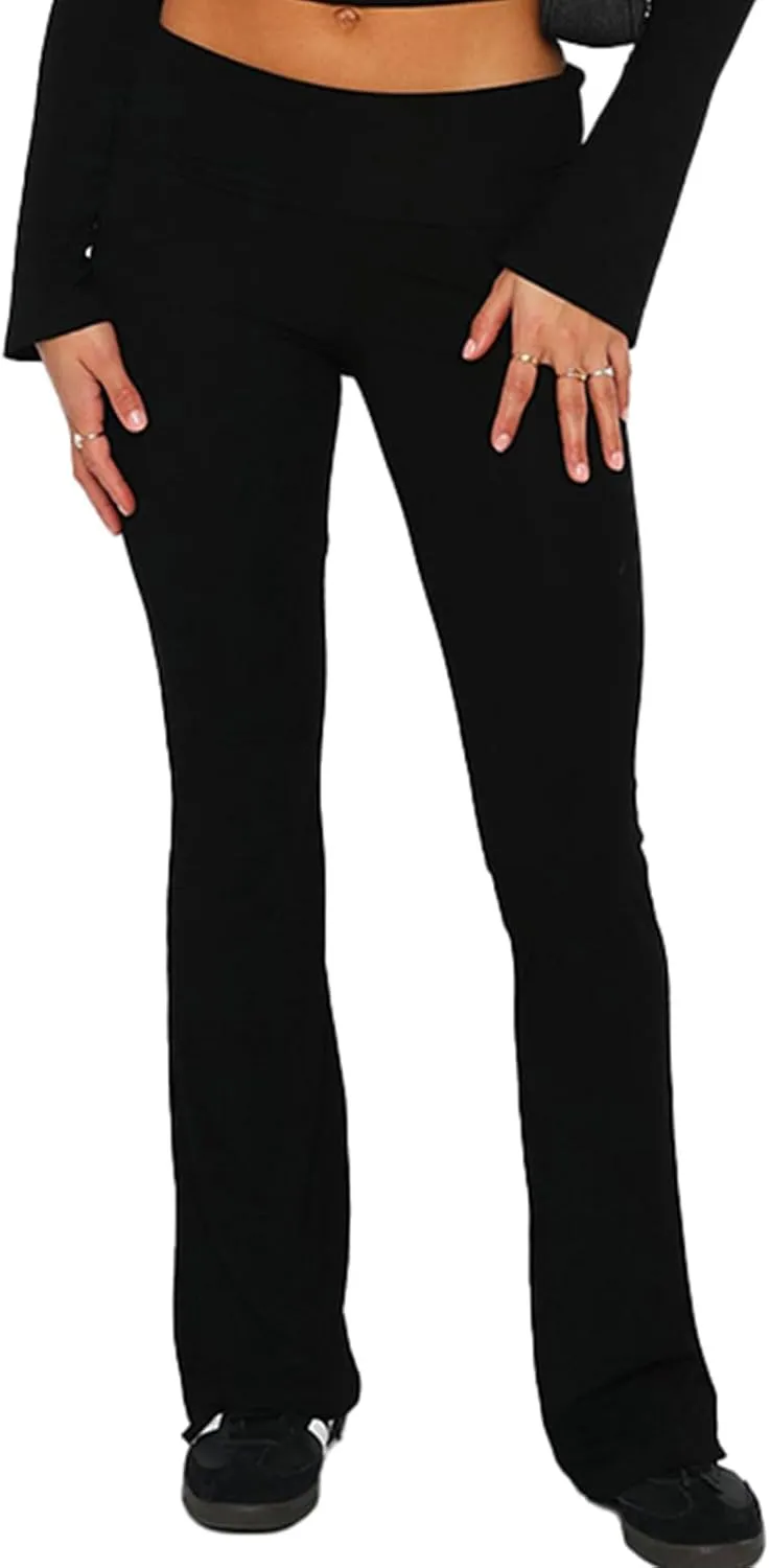 Women's Fold Over Leggings Stretch Flare Leggings Bell Bottom Slim Fit Yoga Fold Pants Joggers