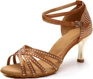 Womens Girls Comfortable Dance Shoes Sparkl Latin Tango Salsa Dancing Heels with Rhinestones X2201
