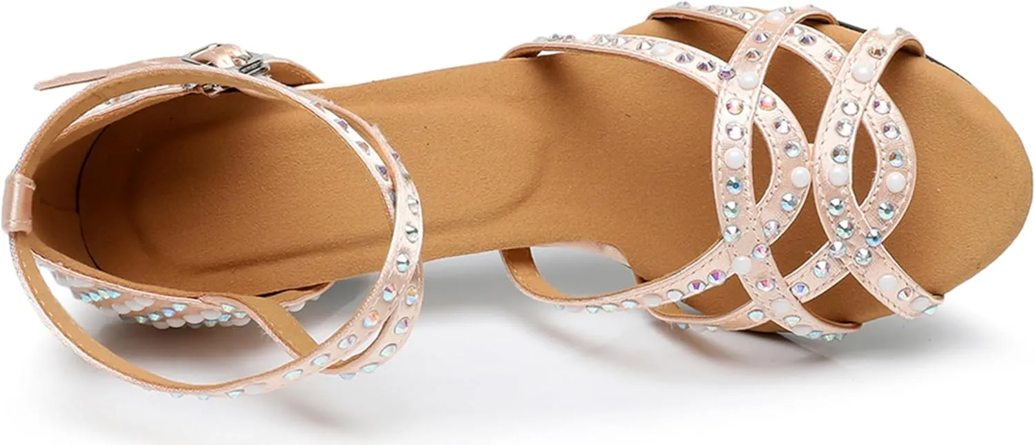 Womens Girls Heels for Ballroom Dancing Shoes Beaded Bridal Wedding Party Sandals X2204