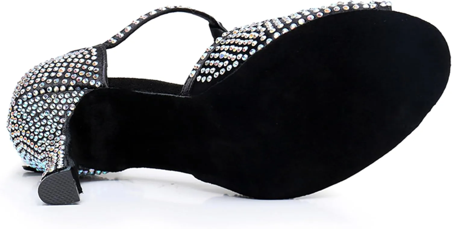 Womens Girls Latin Dance Sandals T-Strap Ballroom Swing Dancing Heels Wedding Party Sandals with Rhinestones X2218
