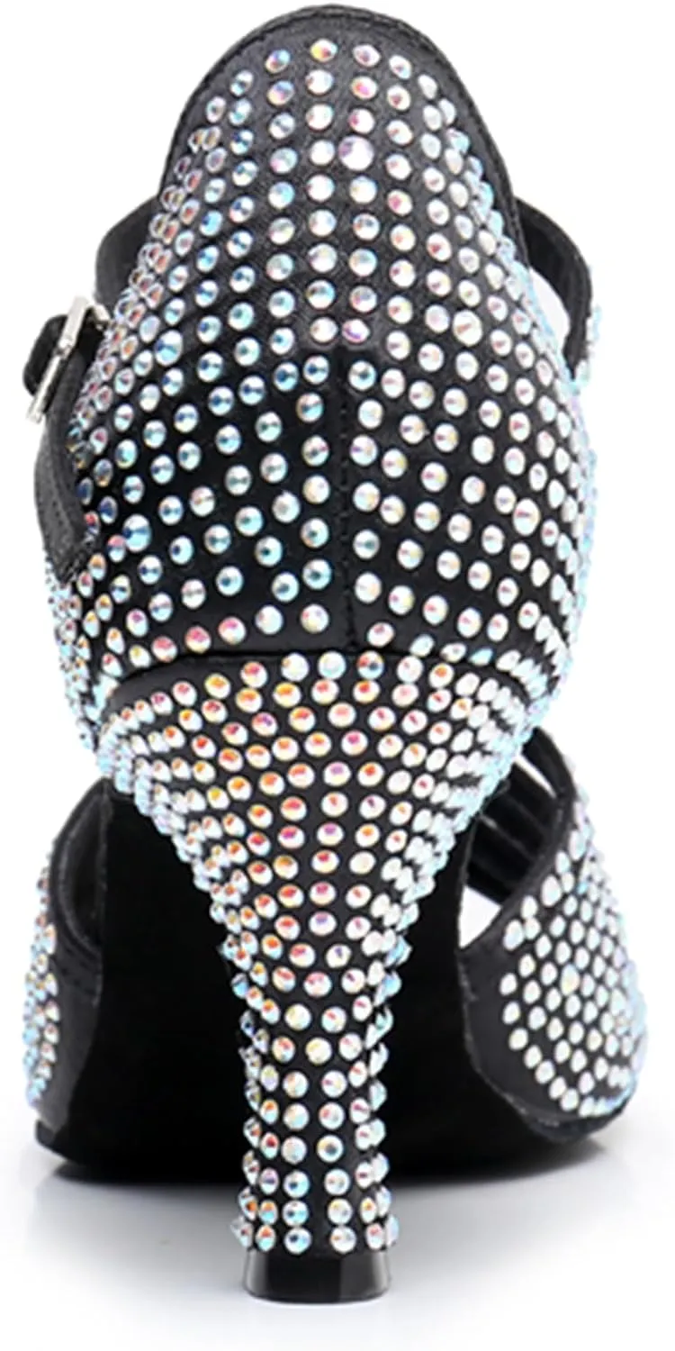 Womens Girls Latin Dance Sandals T-Strap Ballroom Swing Dancing Heels Wedding Party Sandals with Rhinestones X2218