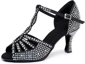 Womens Girls Latin Dance Sandals T-Strap Ballroom Swing Dancing Heels Wedding Party Sandals with Rhinestones X2218