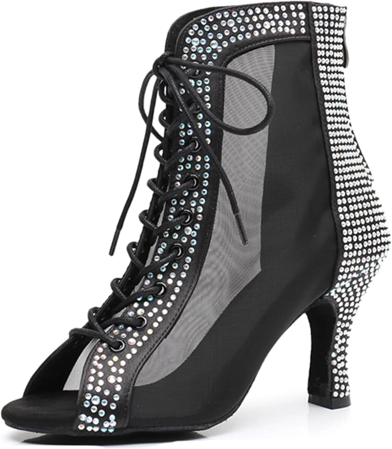 Womens Girls Salsa Dance Shoes Rhinestones Ballroom Dancing Sandals Heels Party Ankle Booties with Zip X3214