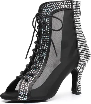 Womens Girls Salsa Dance Shoes Rhinestones Ballroom Dancing Sandals Heels Party Ankle Booties with Zip X3214
