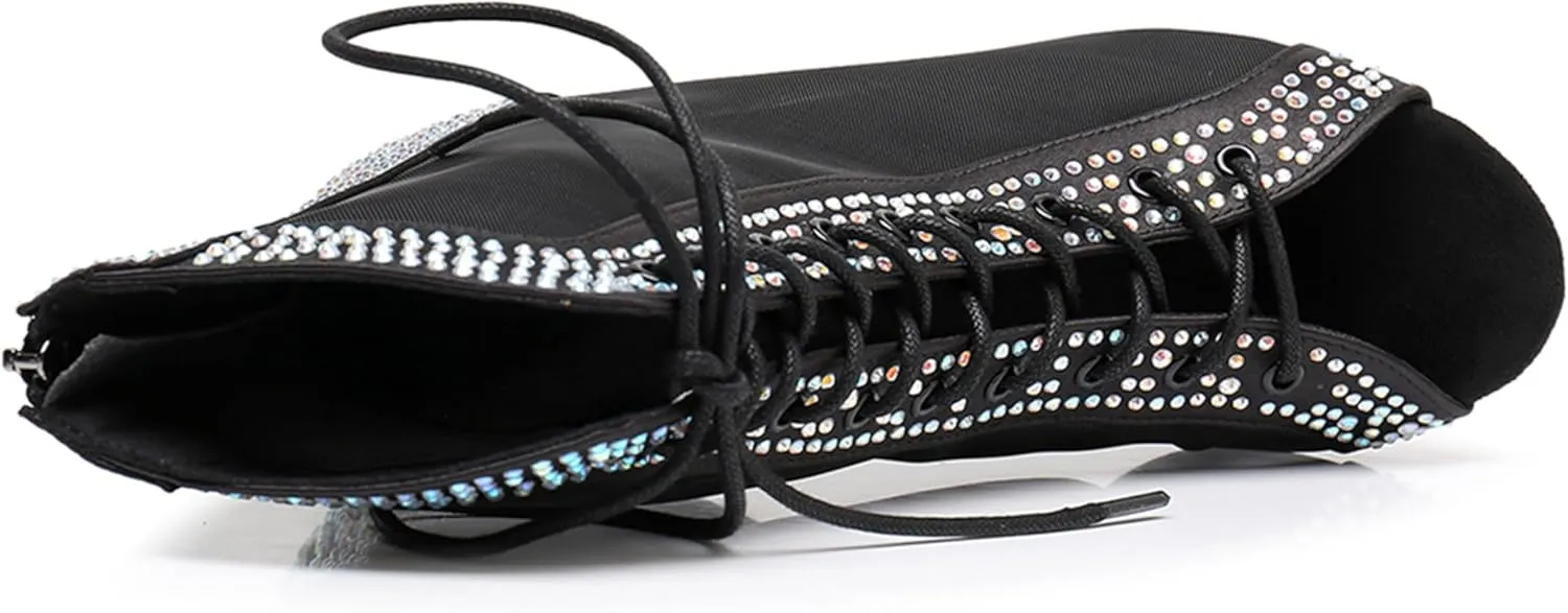 Womens Girls Salsa Dance Shoes Rhinestones Ballroom Dancing Sandals Heels Party Ankle Booties with Zip X3214