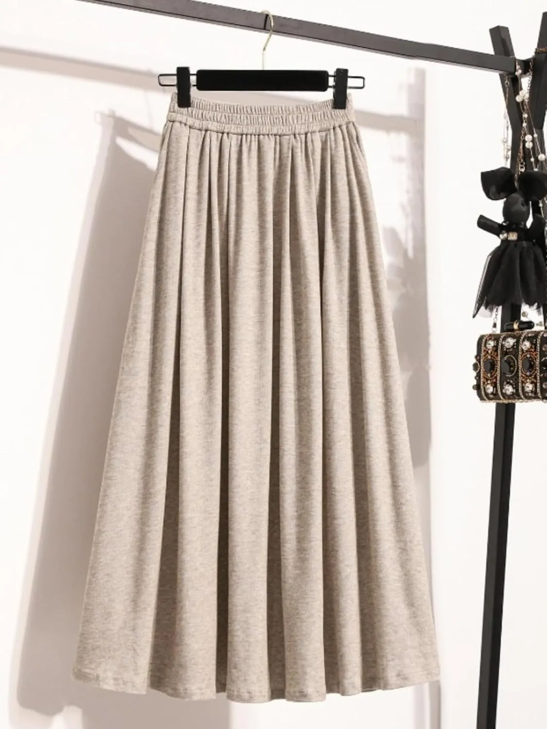 Women's Glutinous Rice Skirt, Elastic Waist Midi Skirt, Pleated Skirt for Autumn