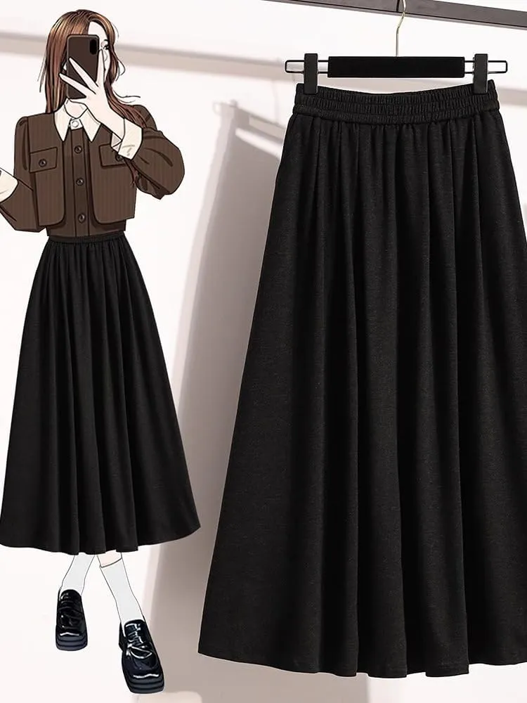 Women's Glutinous Rice Skirt, Elastic Waist Midi Skirt, Pleated Skirt for Autumn