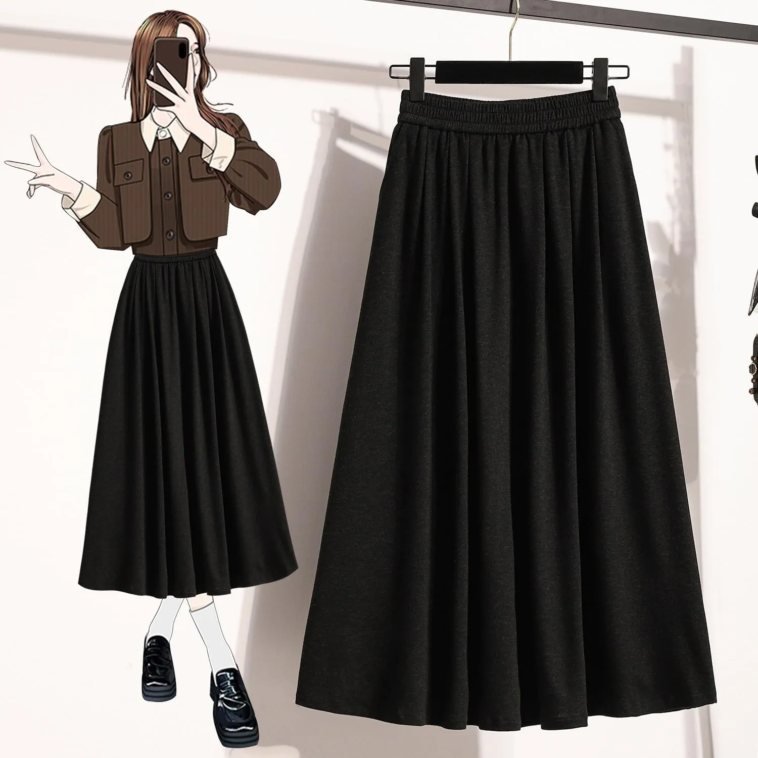 Women's Glutinous Rice Skirt, Elastic Waist Midi Skirt, Pleated Skirt for Autumn
