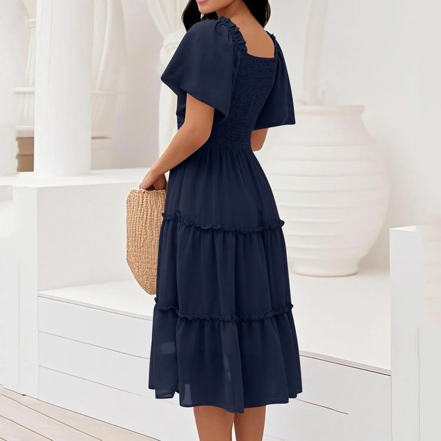 Women's Graduation Summer Smocked Flutter Sleeve Square Neck Modest Tiered Midi Dress