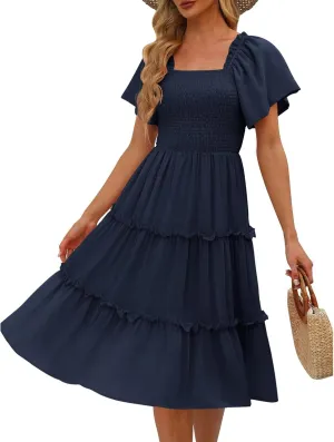 Women's Graduation Summer Smocked Flutter Sleeve Square Neck Modest Tiered Midi Dress