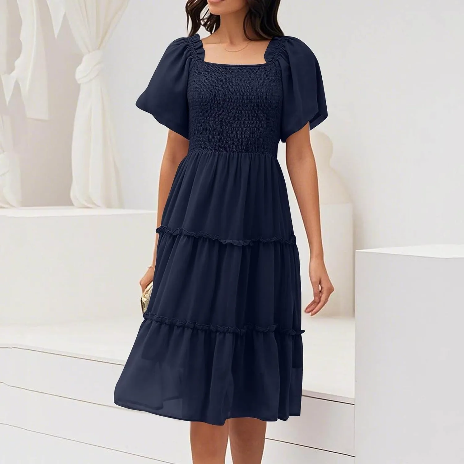 Women's Graduation Summer Smocked Flutter Sleeve Square Neck Modest Tiered Midi Dress