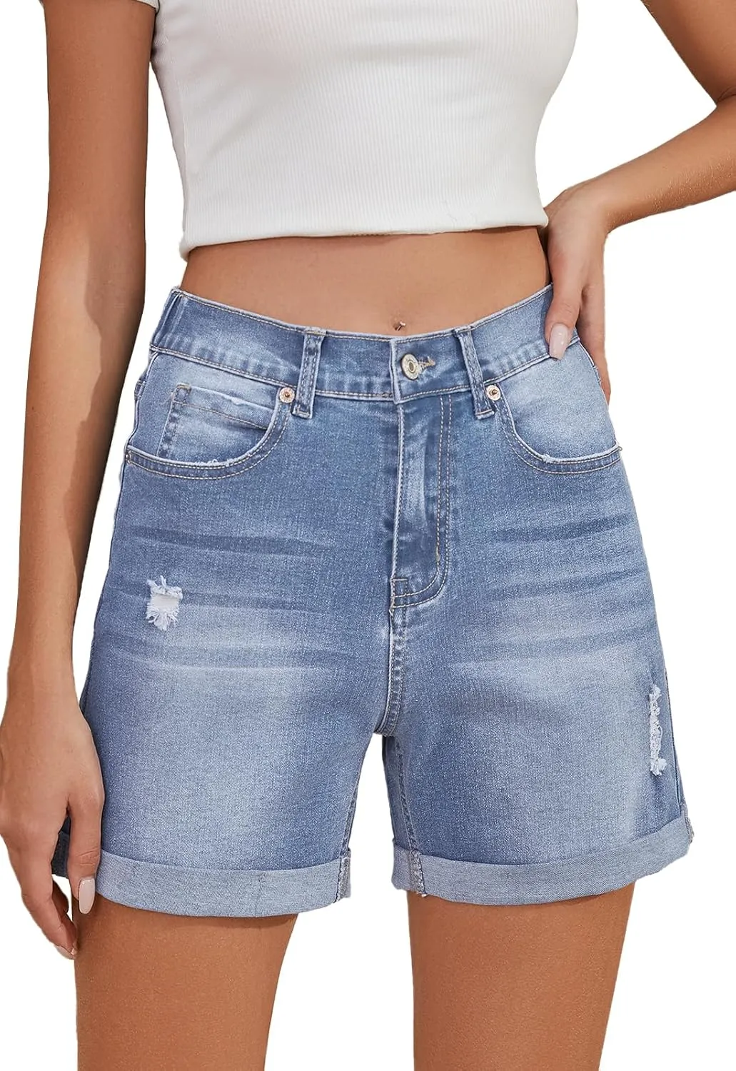 Women's Jean Shorts High Waisted Folded Hem Stretchy Denim Shorts Casual Summer Elastic Waist Shorts