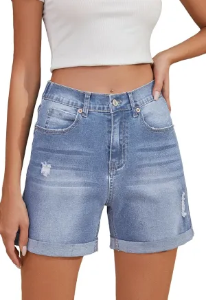 Women's Jean Shorts High Waisted Folded Hem Stretchy Denim Shorts Casual Summer Elastic Waist Shorts