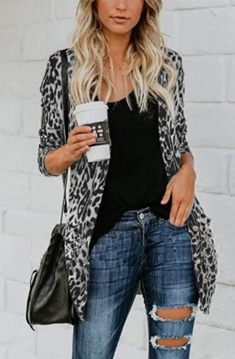 Women's Leopard Printed Cardigans Shirt Lightweight Button Down Cardigans Coat W Pockets(S-2XL)
