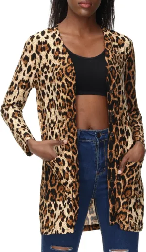 Women's Leopard Printed Cardigans Shirt Lightweight Button Down Cardigans Coat W Pockets(S-2XL)