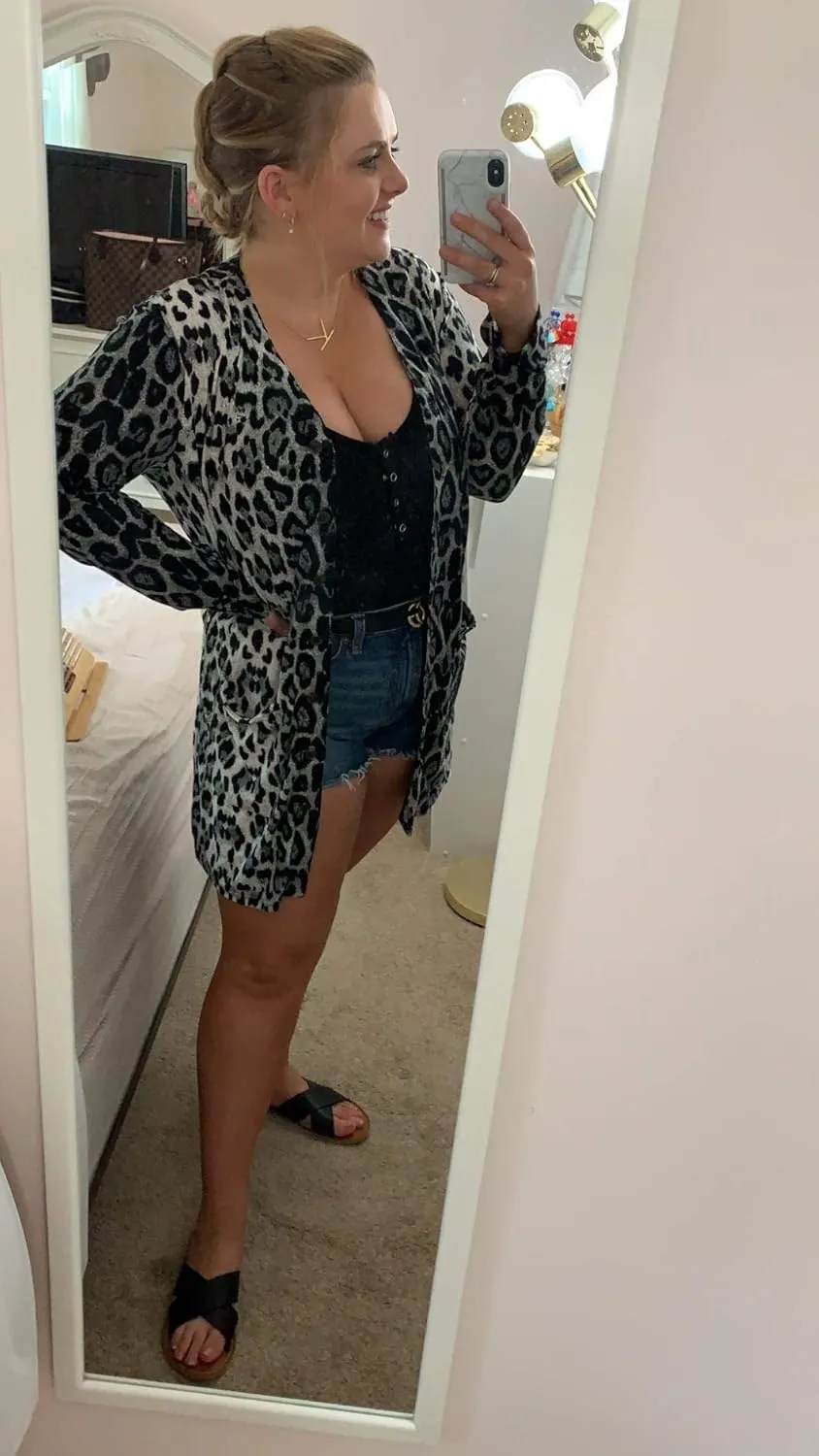 Women's Leopard Printed Cardigans Shirt Lightweight Button Down Cardigans Coat W Pockets(S-2XL)