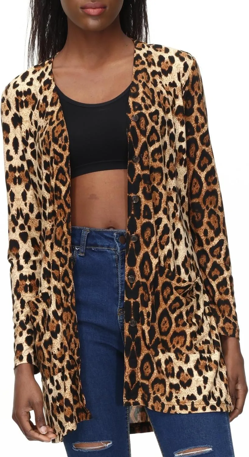 Women's Leopard Printed Cardigans Shirt Lightweight Button Down Cardigans Coat W Pockets(S-2XL)