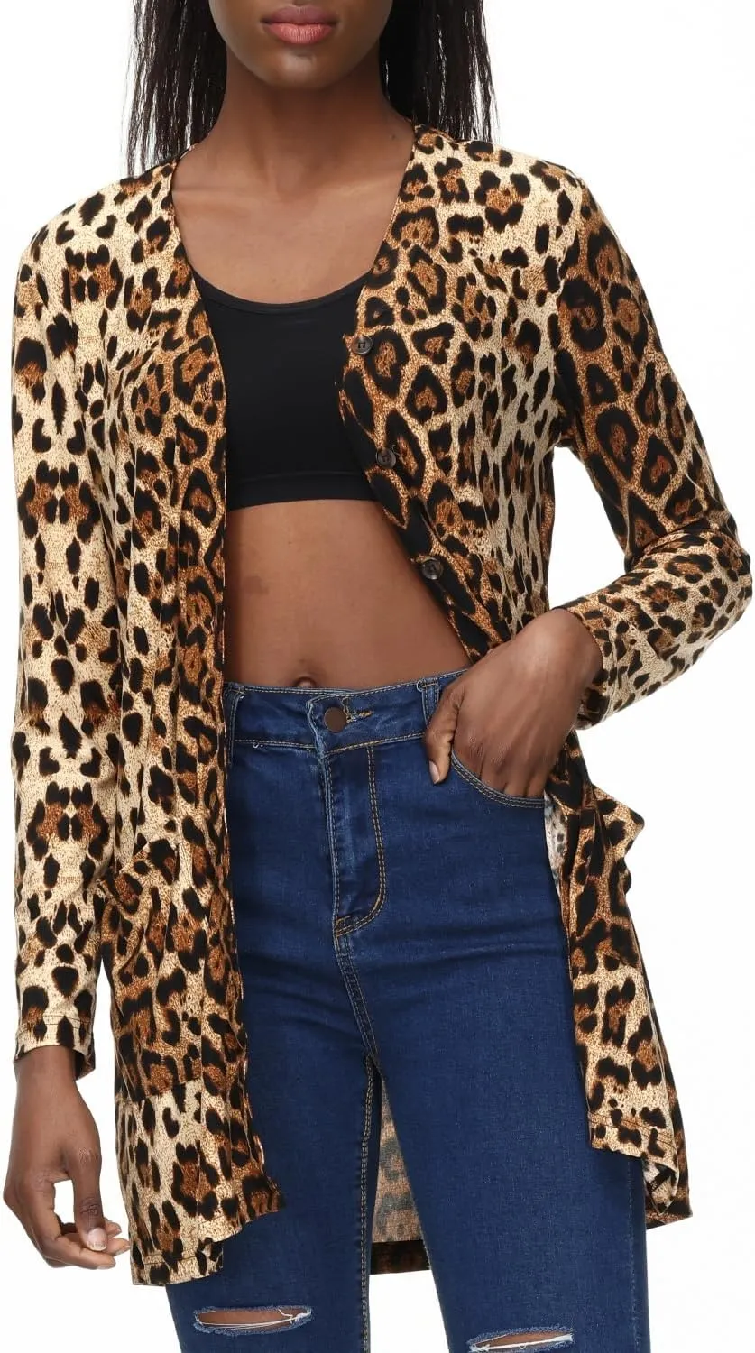 Women's Leopard Printed Cardigans Shirt Lightweight Button Down Cardigans Coat W Pockets(S-2XL)