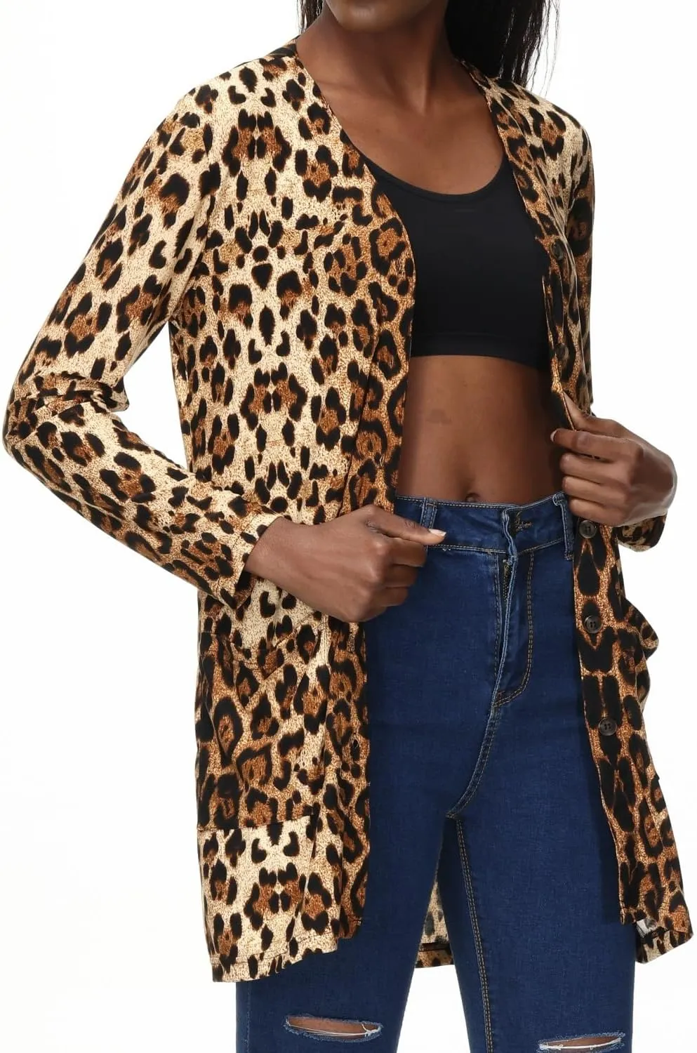 Women's Leopard Printed Cardigans Shirt Lightweight Button Down Cardigans Coat W Pockets(S-2XL)