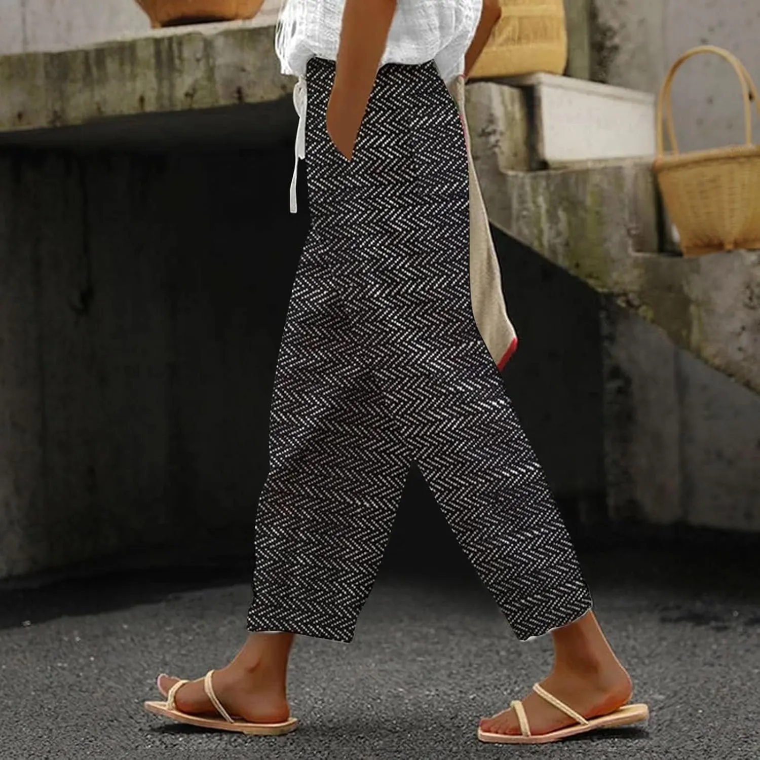 Womens Linen Pants with Pockets Casual Pants Elastic Waist Loose Women Capri Pants for Lightweight Pants Pants for