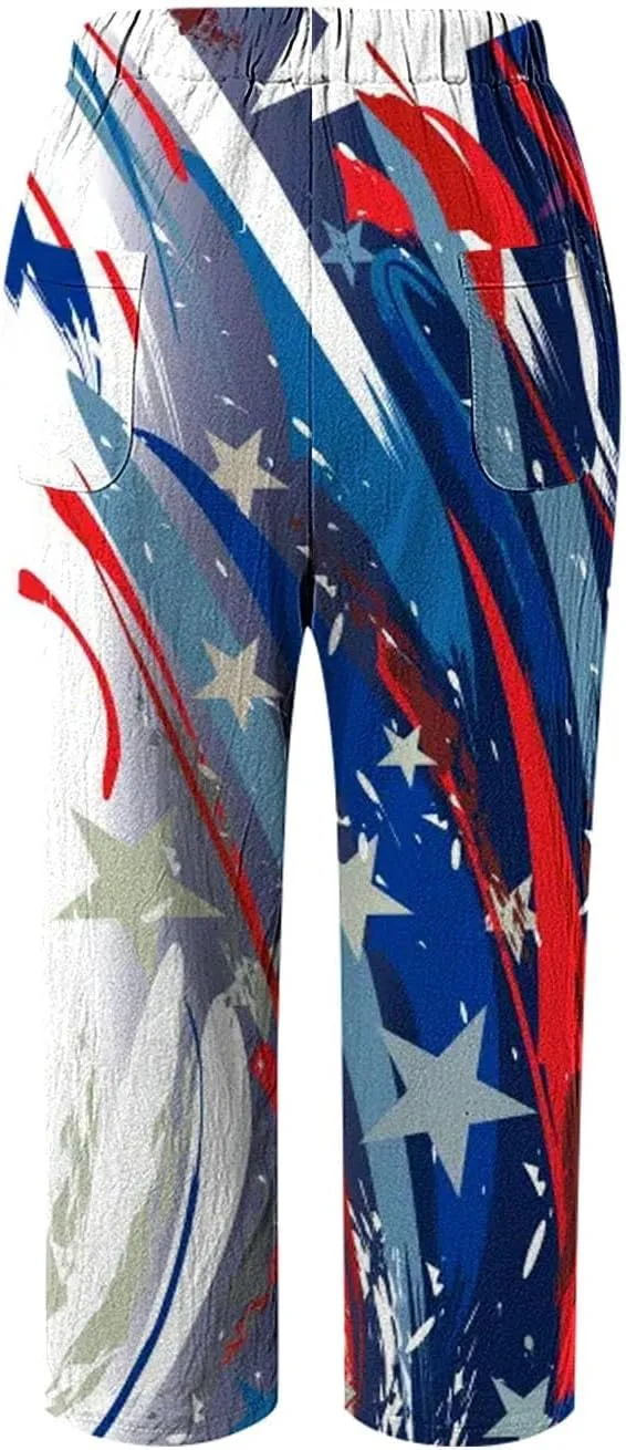 Womens Linen Pants with Pockets Casual Pants Elastic Waist Loose Women Capri Pants for Lightweight Pants Pants for