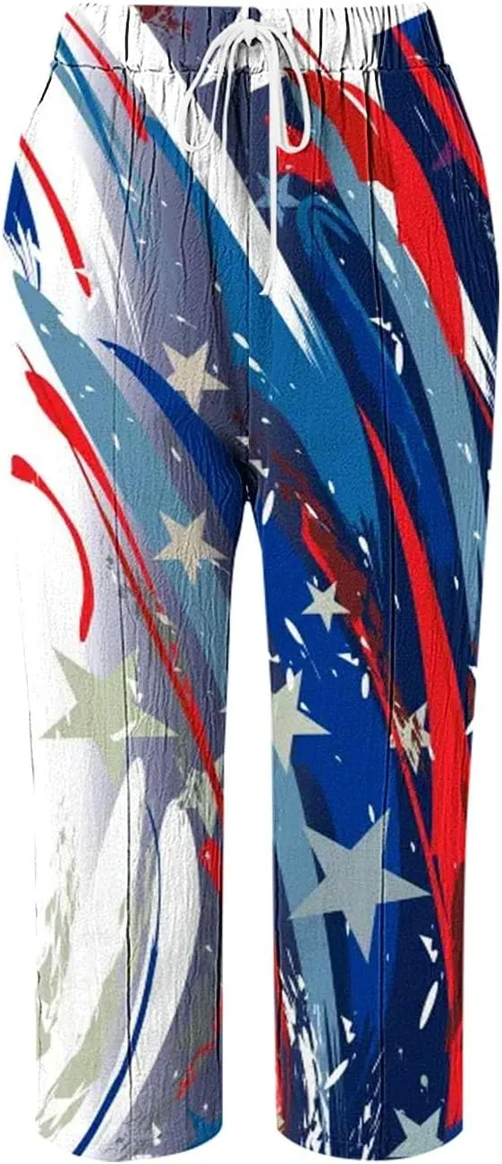 Womens Linen Pants with Pockets Casual Pants Elastic Waist Loose Women Capri Pants for Lightweight Pants Pants for