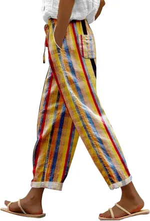 Womens Linen Pants with Pockets Casual Pants Elastic Waist Loose Women Capri Pants for Lightweight Pants Pants for