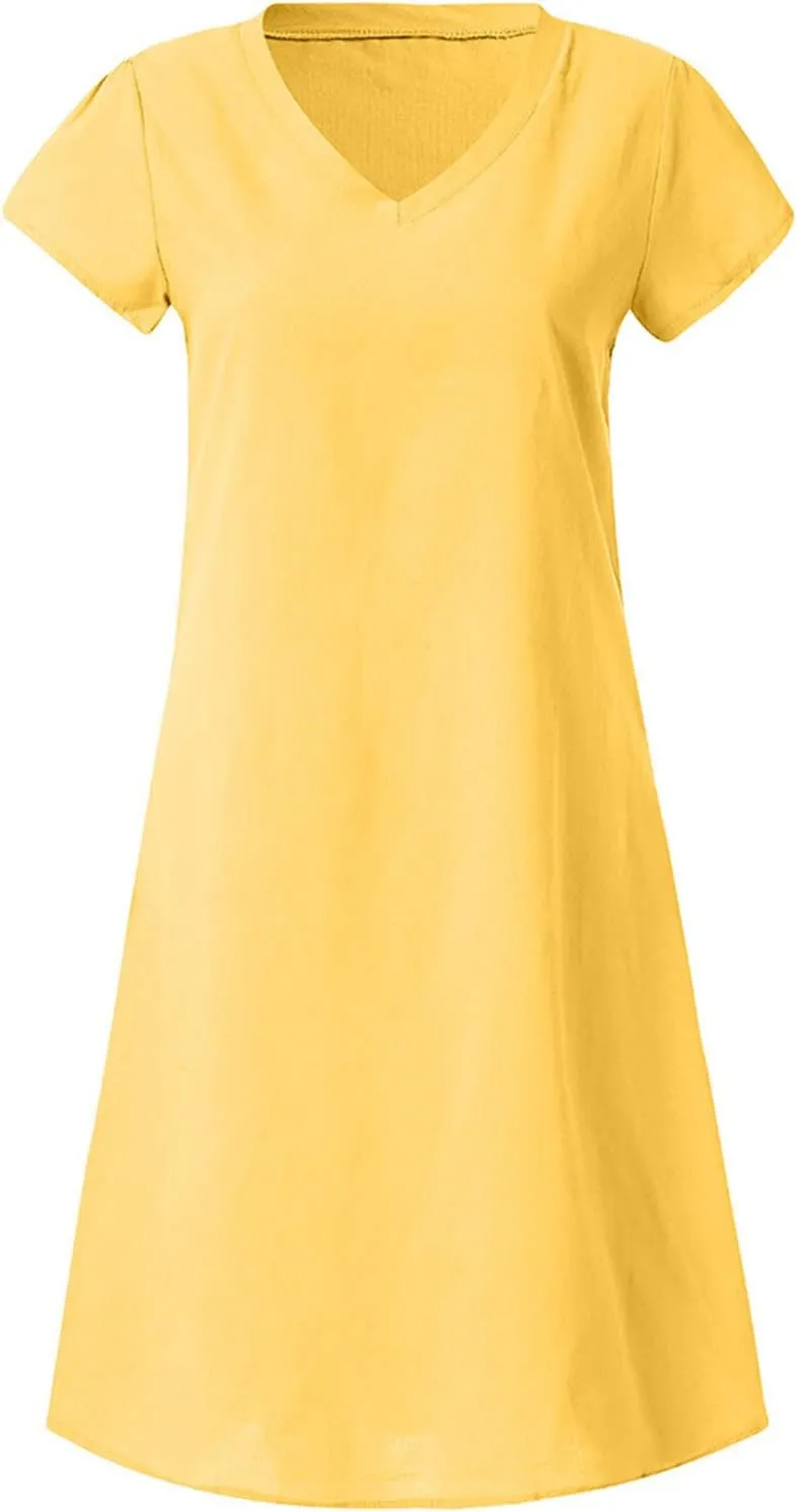 Womens Linen Shirt Dresses Casual Short Sleeve Summer Midi Dress Plus Size V Neck Sundress Beach Vacation Outfits