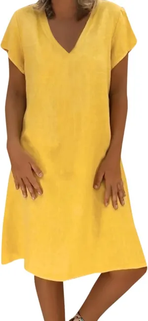 Womens Linen Shirt Dresses Casual Short Sleeve Summer Midi Dress Plus Size V Neck Sundress Beach Vacation Outfits