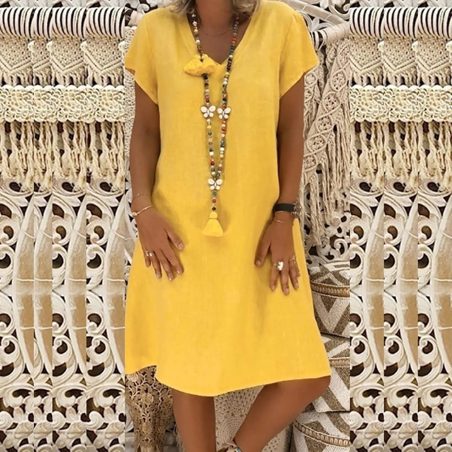 Womens Linen Shirt Dresses Casual Short Sleeve Summer Midi Dress Plus Size V Neck Sundress Beach Vacation Outfits