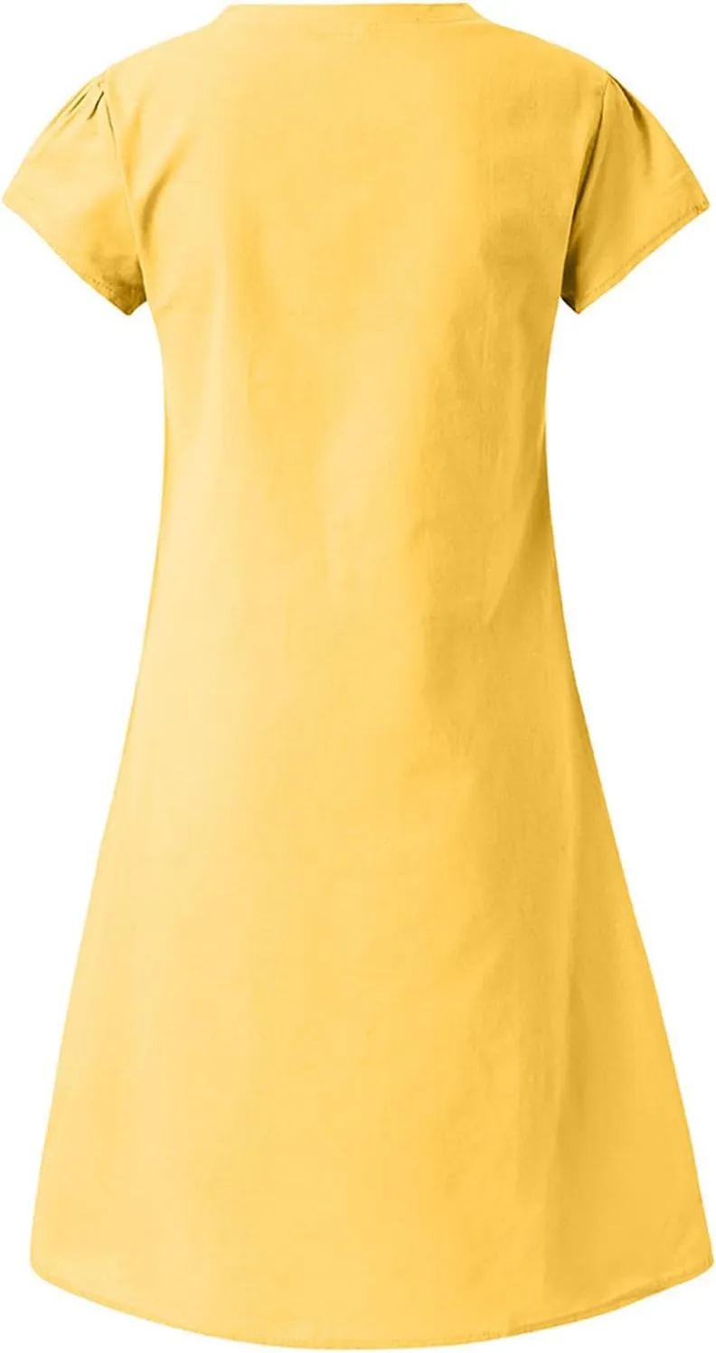 Womens Linen Shirt Dresses Casual Short Sleeve Summer Midi Dress Plus Size V Neck Sundress Beach Vacation Outfits