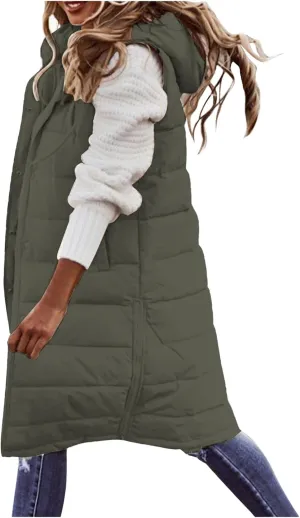 Women's Long Puffer Vest Jacket Full Zipper Sleeveless Quilted Down Coat Thickened Warm Windbreakers Outerwear Tops