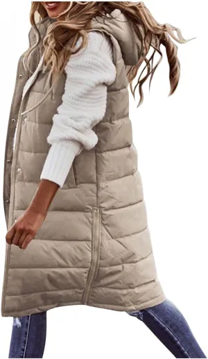 Women's Long Puffer Vest Jacket Full Zipper Sleeveless Quilted Down Coat Thickened Warm Windbreakers Outerwear Tops