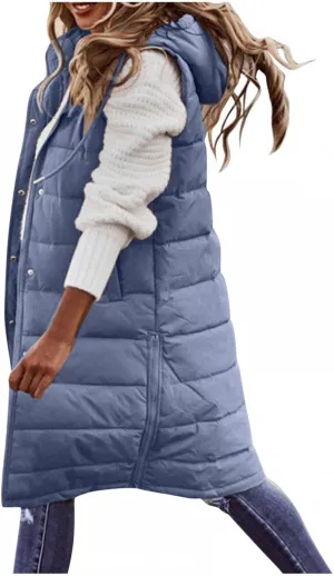 Women's Long Puffer Vest Jacket Full Zipper Sleeveless Quilted Down Coat Thickened Warm Windbreakers Outerwear Tops
