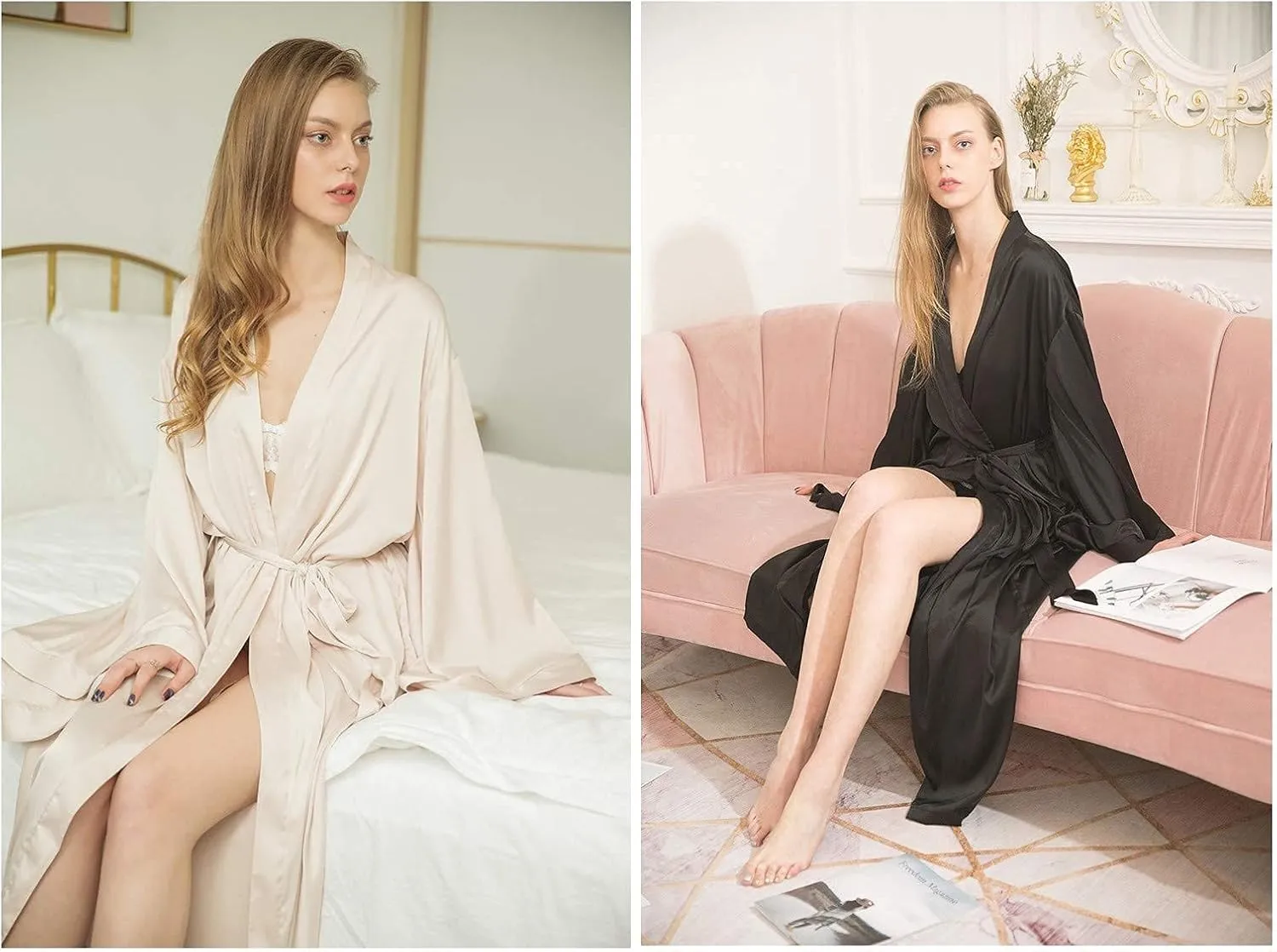 Women's Long Silk Robes Lightweight Long Satin Robes Full Length Sleepwear Dressing Gown